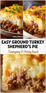 Close-up of creamy mashed potatoes over a hearty layer of ground turkey and sausage in a baking dish.